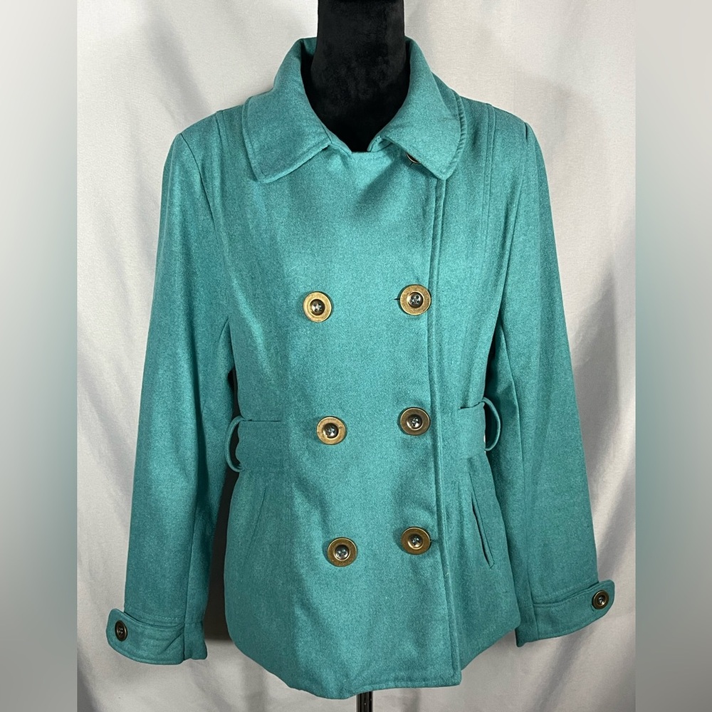 Inspired Hearts Peacoat Junior Double Breasted Button Front Collar Teal Sz L NWT